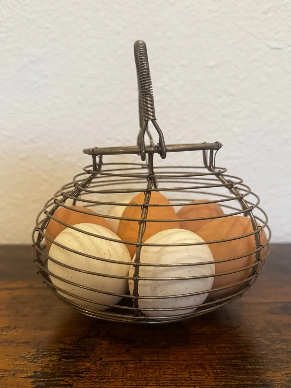 Vintage Wire Egg Basket with Faux Eggs Rustic Farmhouse Cottagecore Decor
